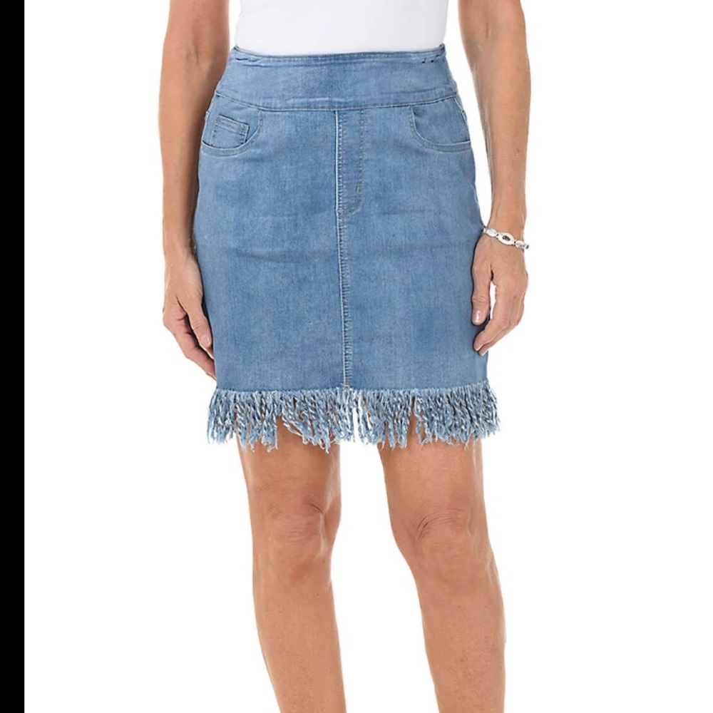 Coco + Carmen Light Blue Denim Fringe Hem Pencil Skirt